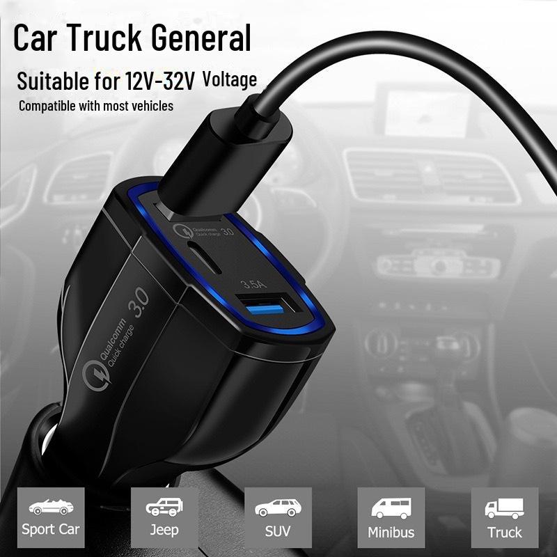 48W QC3.0 Dual USB & Type-C PD Car Charger with 5V/7A One-to-Three Cigarette Lighter Adapter