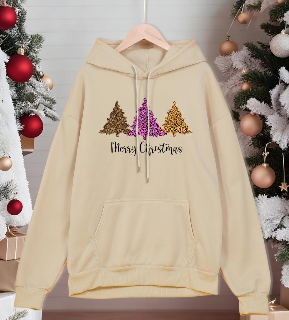 Merry Christmas Leopard Tree Printing Men Hoodie Fleece Soft Hoody Casual Multicolor Pullover Male Comfortable Loose Streetwear