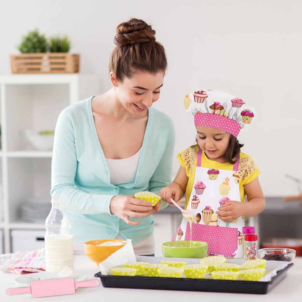 Kids Aprons for Cooking,Kids Chef Hat and Apron with Large Pocket for Baking Cupcake kids Apron for 6-12 Years