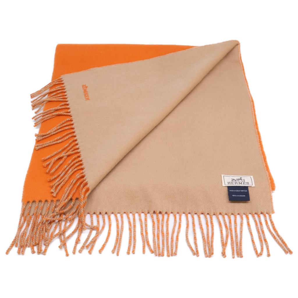 Hermes Embroidered Logo, Cashmere, Fringe Scarf Orange / beigeUsed