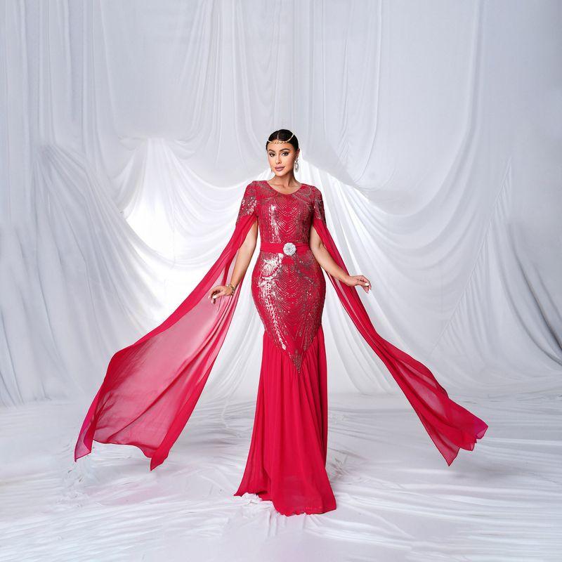 Cross-Border European and American Fashion New High-End Banquet Fishtail Evening Dress Wedding Birthday Dress Red S