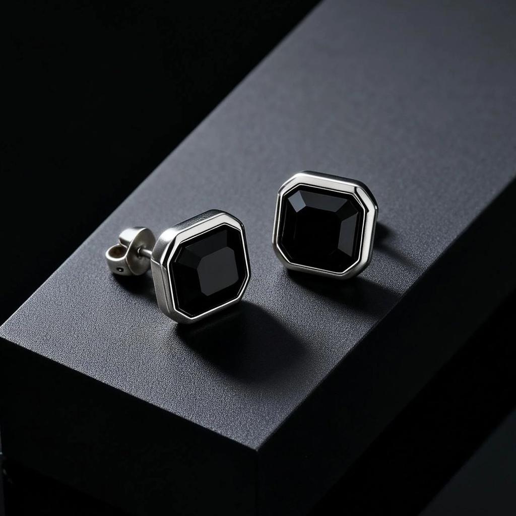 Stylish Hip Hop Natural Stone Black Agate Earrings for Men, Simple Stainless Steel Square Stud Earrings, Trendy Piercing Jewelry