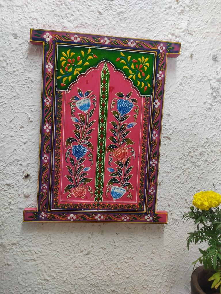 Handmade Pink Painted Jharokha: Embossed Indian Window Wall Decor