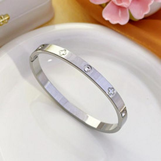 High-End Women's Silver Titanium Steel Zircon Bangle Bracelet
