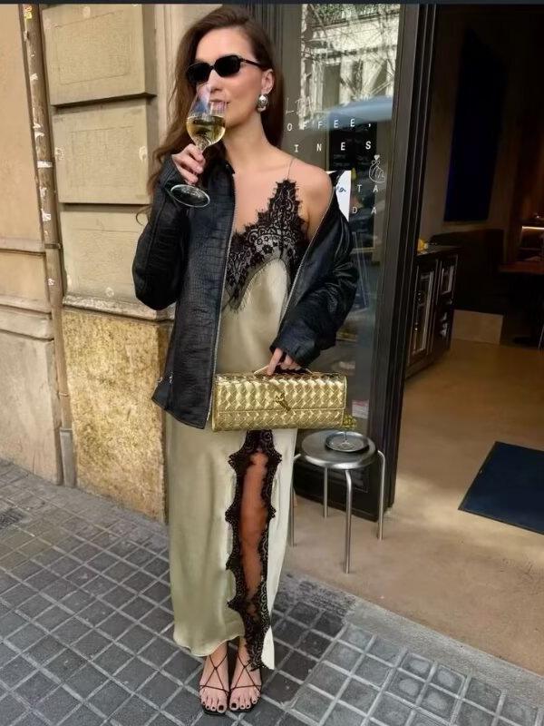 Spring 2026 European & American Lace Trim Camisole Maxi Dress with Sexy Slit