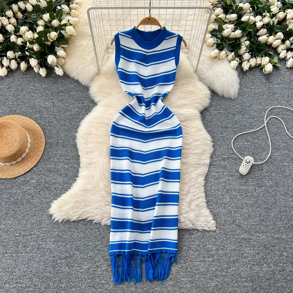 Letní dámské bez rukávů pruhované pletené střapcové slim bodycon pouzdrové svetrové šaty