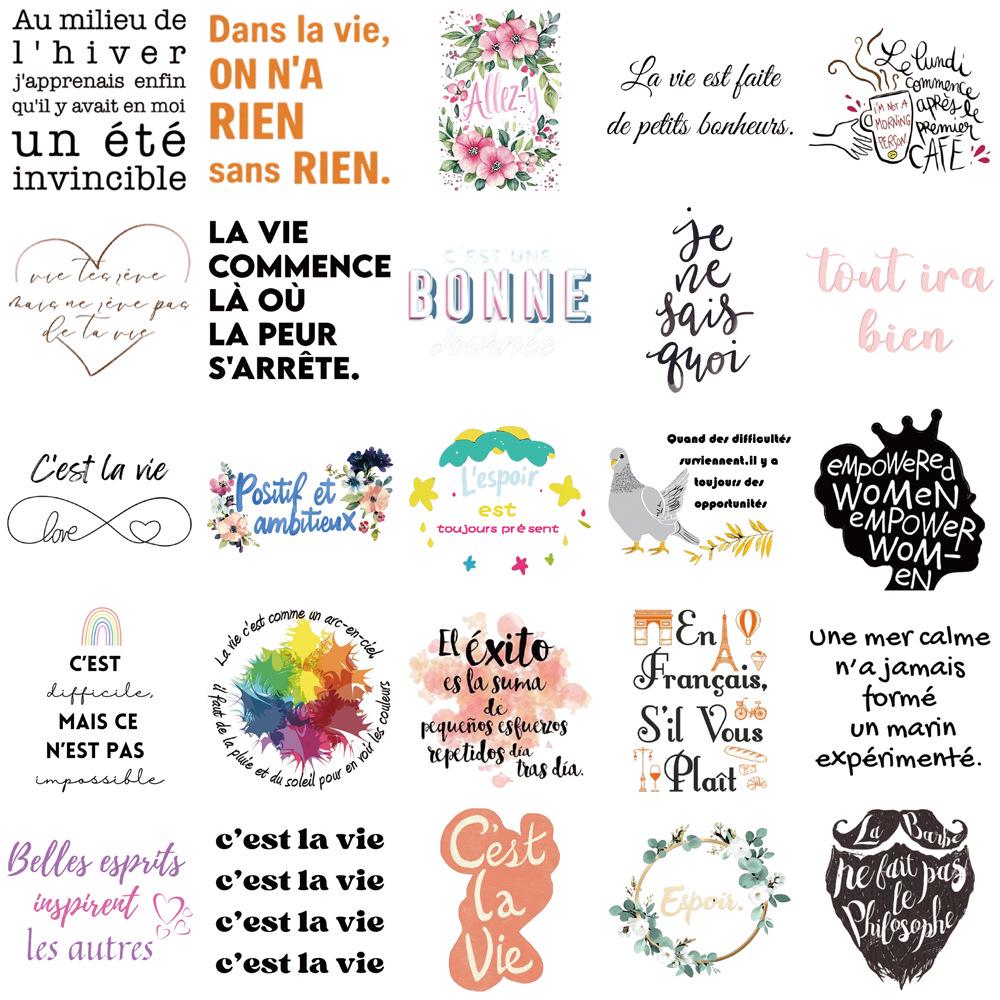 50-Piece Set of French Motivational Quote Stickers for Journals, Water Bottles, and Phone Cases.