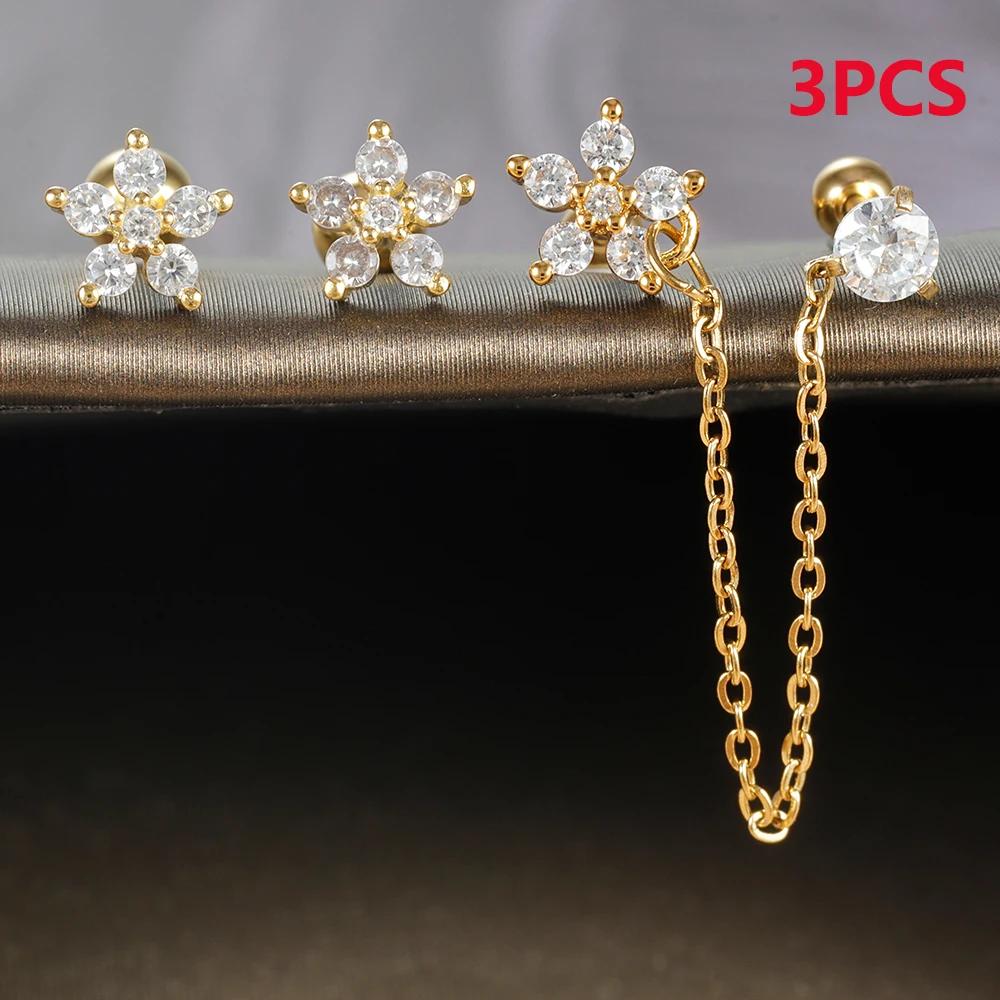 3PCS Fashion Stainless Steel Zircon Flower Stud Earrings Set for Women Double Hole Chain Helix Tragus Cartilage Piercing Jewelry