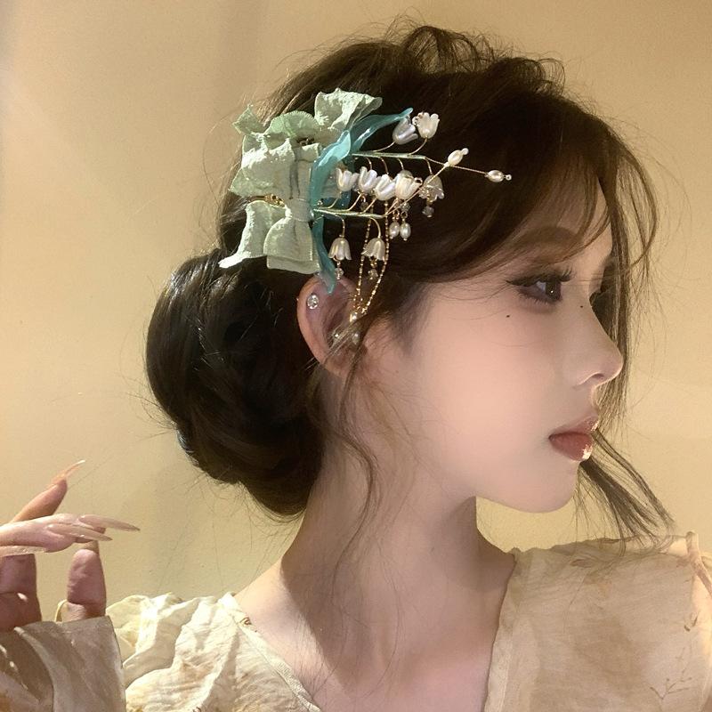 Acrylic pearl fabric bow hairpin side high sense fashion super fairy duck bill clip versatile hair accessories