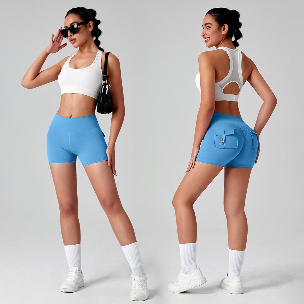 Pantaloncini da yoga a vita alta con tasca, pantaloncini sportivi a tre quarti, color carne, alta elasticità, ad asciugatura rapida, da donna