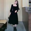 Hepburn style velvet dress women's early autumn new French high-end temperament long-sleeved black skirt