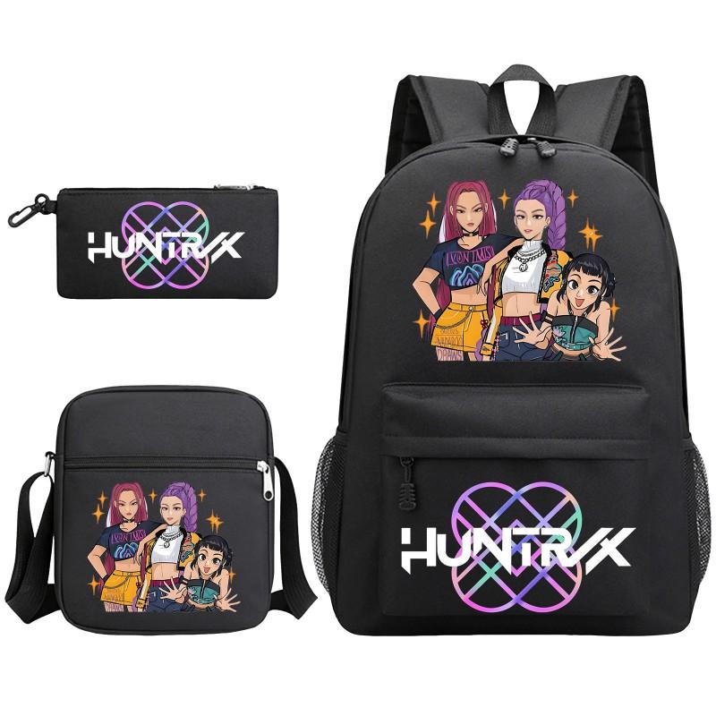 Cartoon Print School Backpack Set Teens Shoulder Bag Pencil Case Bookbag Oxford Fabric Ergonomic Straps