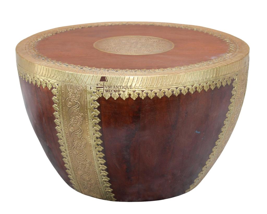 Wooden Solid Handicrafted Brass Embossed Drum Coffee Table Brass Center Table with Intricate Carvings Style , Embellished Round Side Table