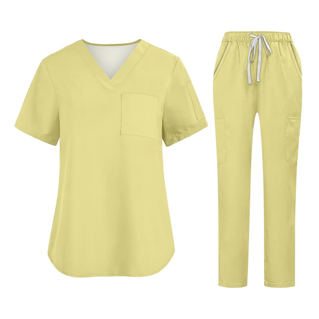 Soild Scrub Working Uniform Suit For Women's Cross V-Neck Short Sleeve Fun T-Shirts Workwear Tee With Pockets