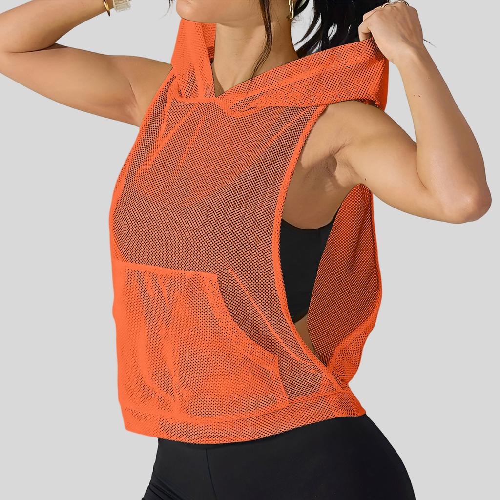 Women Loose Fit Pullover Mesh Hooded Tank Top Lightweight Breathable Fitness Vest Sleeveless Sport Shirt for Gym Yoga Running