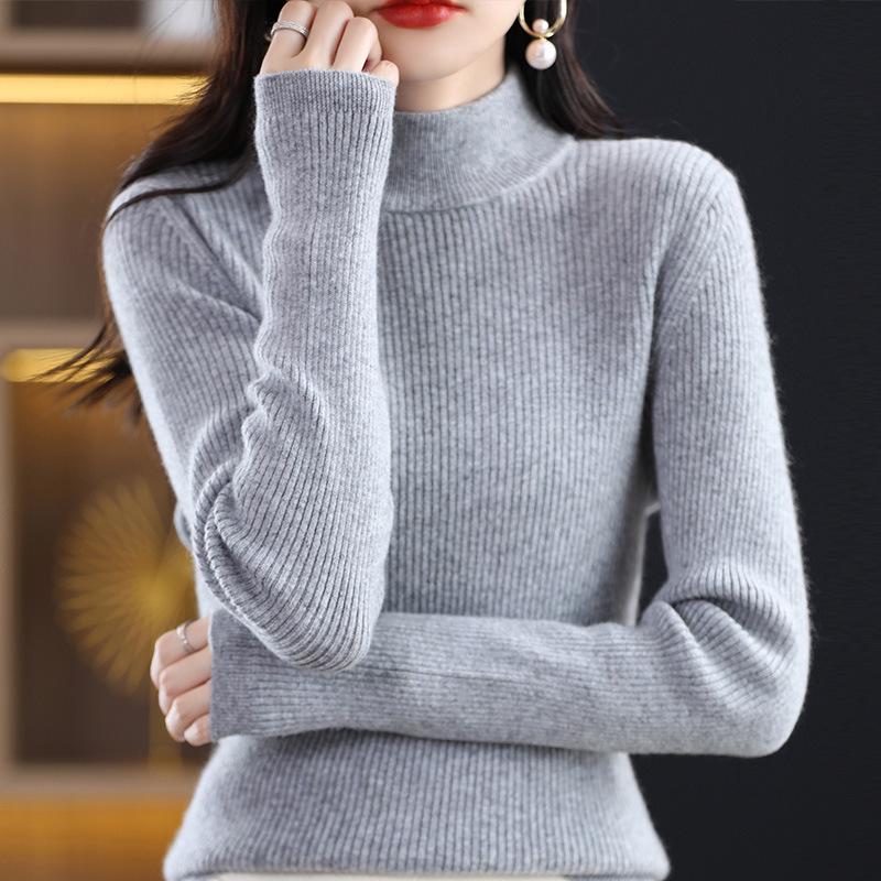 Women's Slim-Fit High-Neck Wool Base Layer Sweater - Slimming Long-Sleeved Knitwear for Autumn/Winter