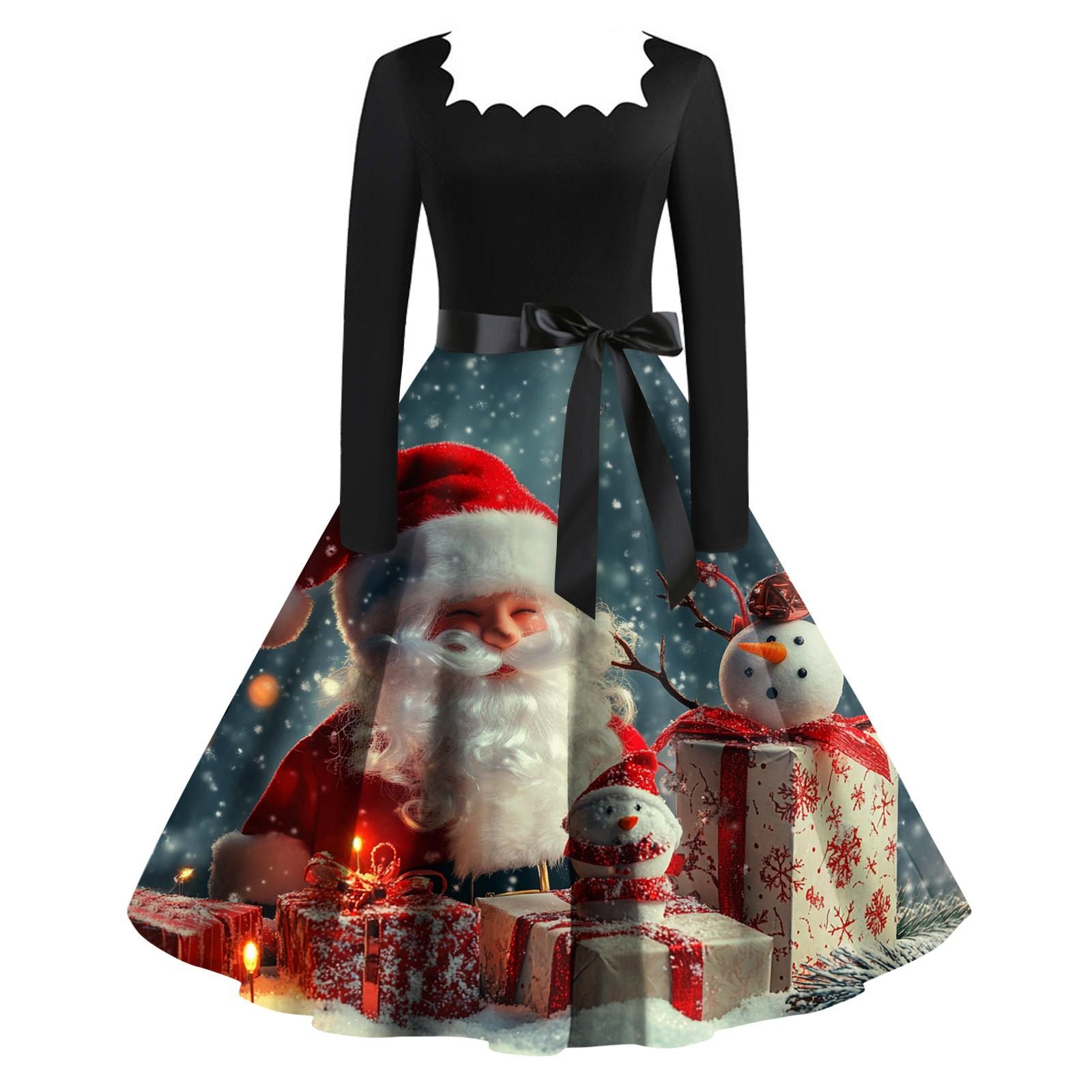 

Женское рождественское платье с квадратным воротником и широким подолом, длинное платье с рукавами S