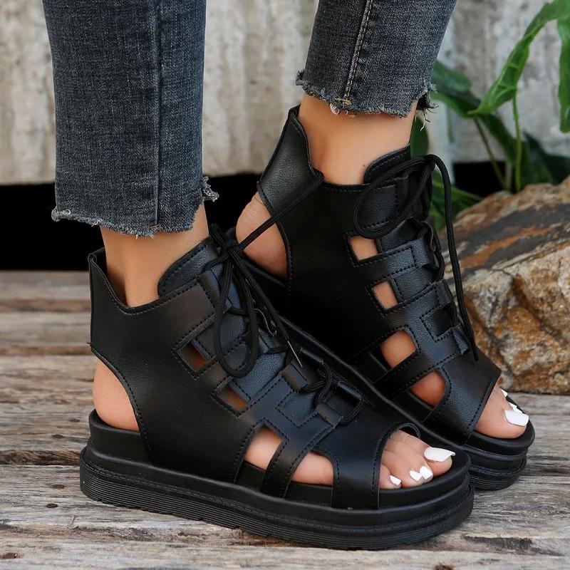 5.5cm Cowhide Ankle Roman Sandals Women Summer New Style Ladies Fashion Thick Sole Retro Cool Boots Flat Wedges Student Sandals