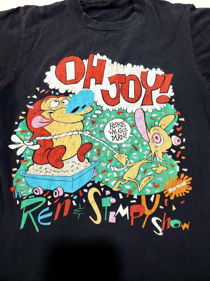 Vtg The Ren amp Stimpy Oh Joy Cotton Black Full Size Unisex Tee Shirt KN02S