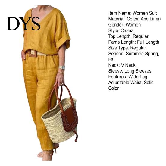 Two-piece Summer Suit 2 Pcs/Set Blouse Pants Set V Neck Long Sleeves Top Wide Women Leg Loose Elastic Waist Trousers OL Commute Casual Homewear Outfit