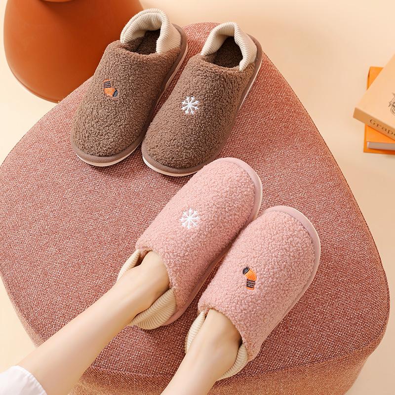 2025 new shoes simple snowflake plush home couple warm bag and slippers cotton shoes two wear