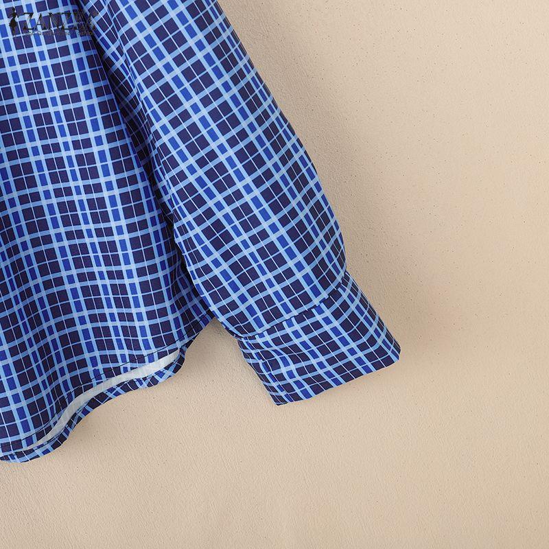 ZANZEA Women Casual Turn Down Collar Long Sleeve Plaid Print Loose Blouse