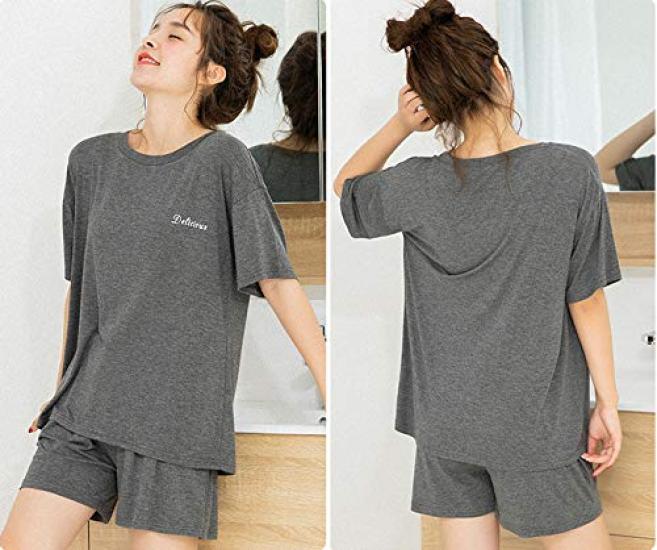 Oberteil und Hose Kurz Zimmer Bequem Crew Taille Kurze Ärmel Shorts [Mskikefly] Pyjama, Set, Ärmel, Kleidung, Damen, Loungewear, Nachtwäsche,
