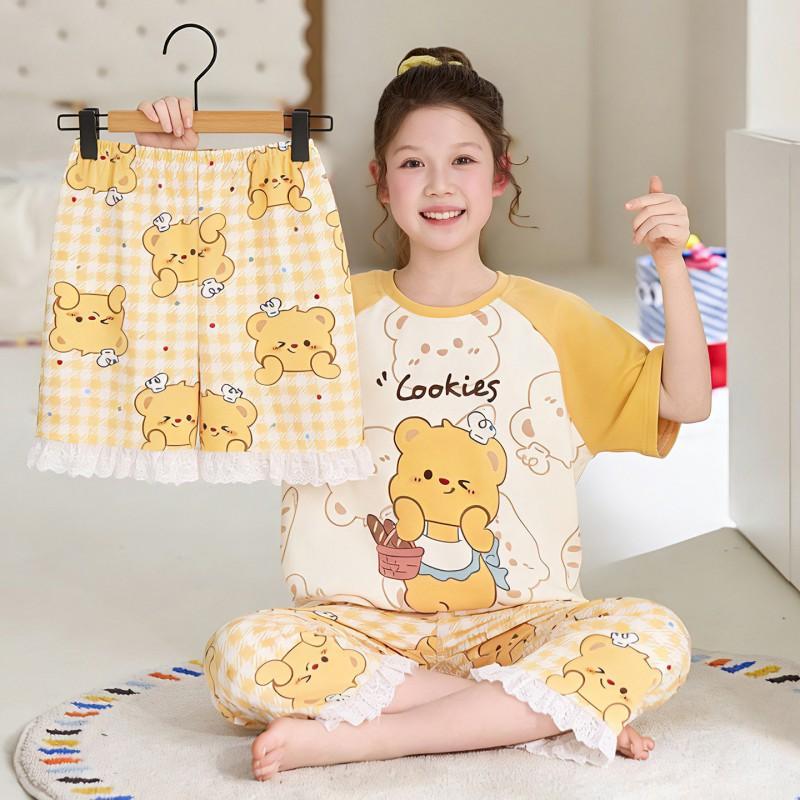 2026 Cotton Pajama Set Girls Short Sleeve Thin Sleepwear Sweet Cartoon Print Kids Home Outfit