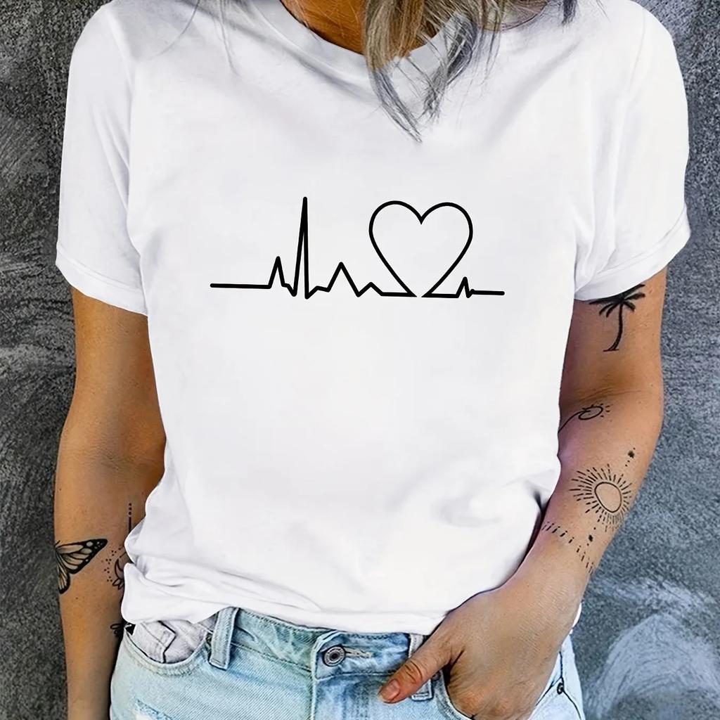 Women's T-shirt Heart-shaped Pattern Printing Summer Clothing Round Neck Short Sleeve Summer Sleeved Harajuku Streetwear Tops