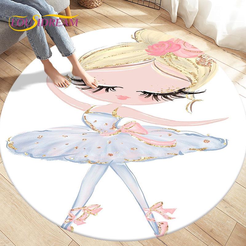 Cute Ballet Girl Ballerina Cartoon Round Area Rug,Carpet for Living Room Bedroom Sofa Playroom Decor,kid Play Non-slip Floor Mat