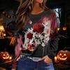 Women's Halloween Print Long Sleeve Round Neck Top with Hem Slit