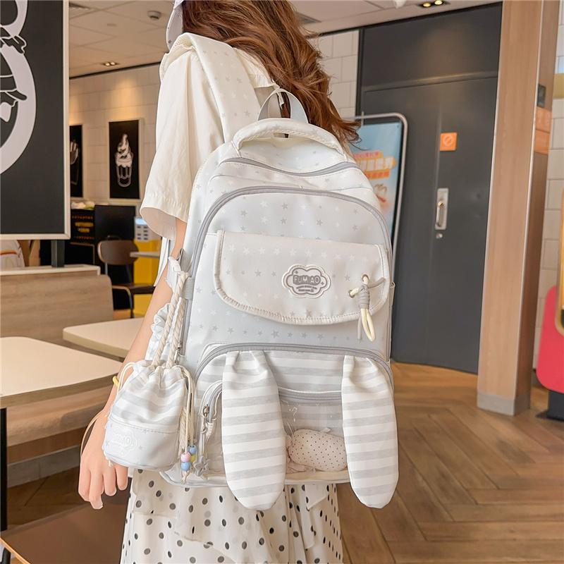 Cute Bunny Ear School Backpack with Clear Front Pocket Top Handle Casual Daypack for Girls Daily Use