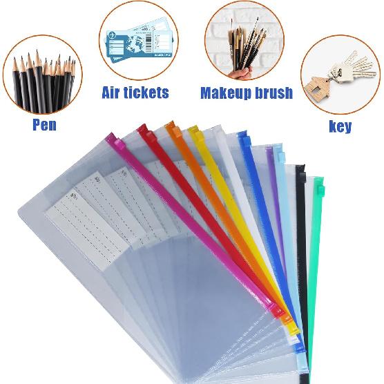 10 Pack Plastic Envelopes Pencil Pouch,Clear Pencil Bags with Zipper,10 Colors with Label Reble Pencil Pouches for Office Supplies (A-Multicolor)