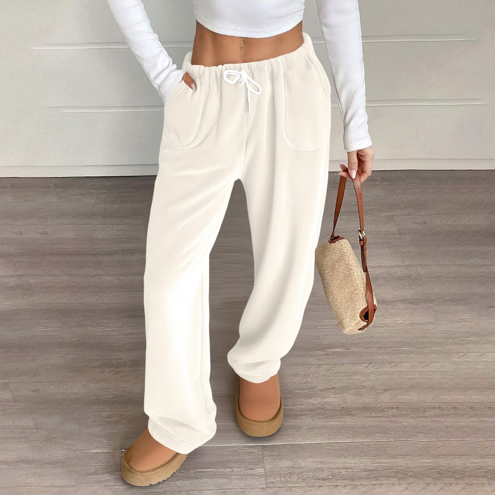 

Женские пижамные штаны, плюшевые пижамные штаны, мягкая эластичная талия, пижамные штаны, однотонные штаны с 2 карманами XL белый