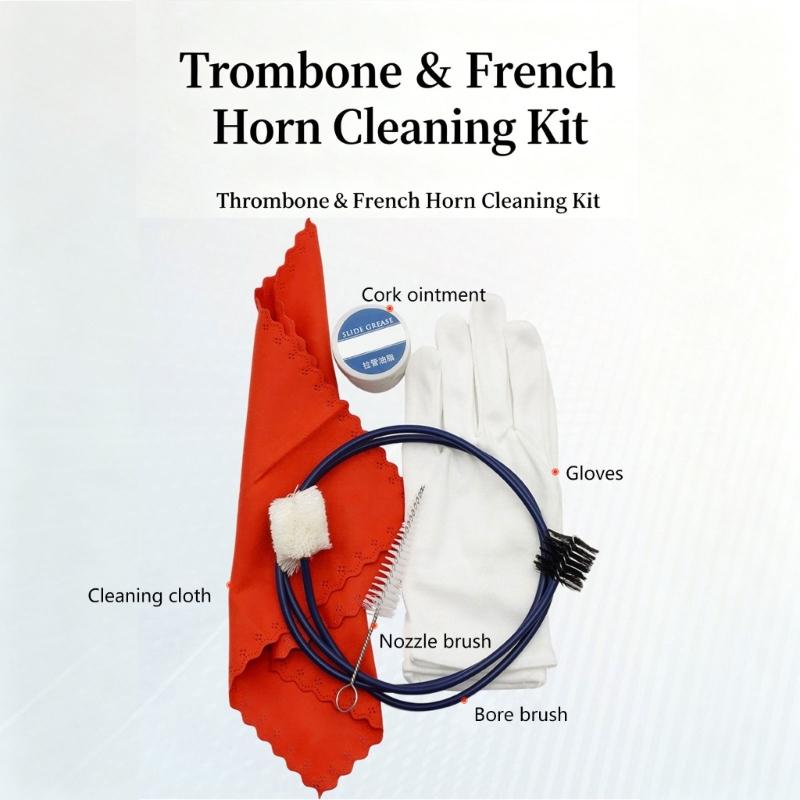 Trombone And French Horn Cleaning Set With Mouthpiece Brush Bore Brush Slide Grease & Polishing Cloth For Brass Instrument