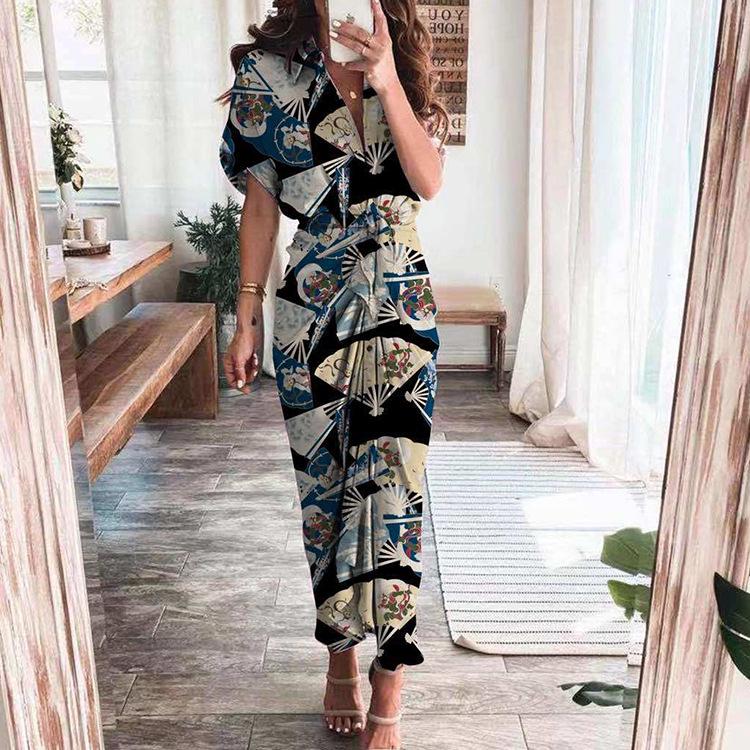 2026 Frühling Elegantes Sexy Bedrucktes V-Ausschnitt Bindeband High-Waist Kleid für Damen