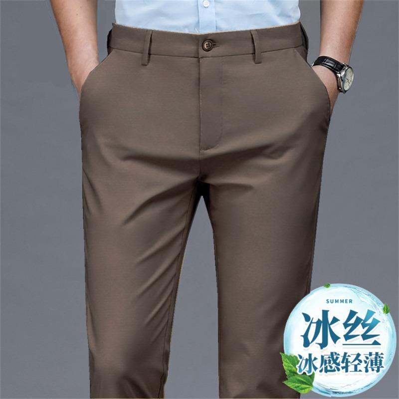 New summer thin men's high-end casual pants anti-Zou ice silk straight large-size suit pants