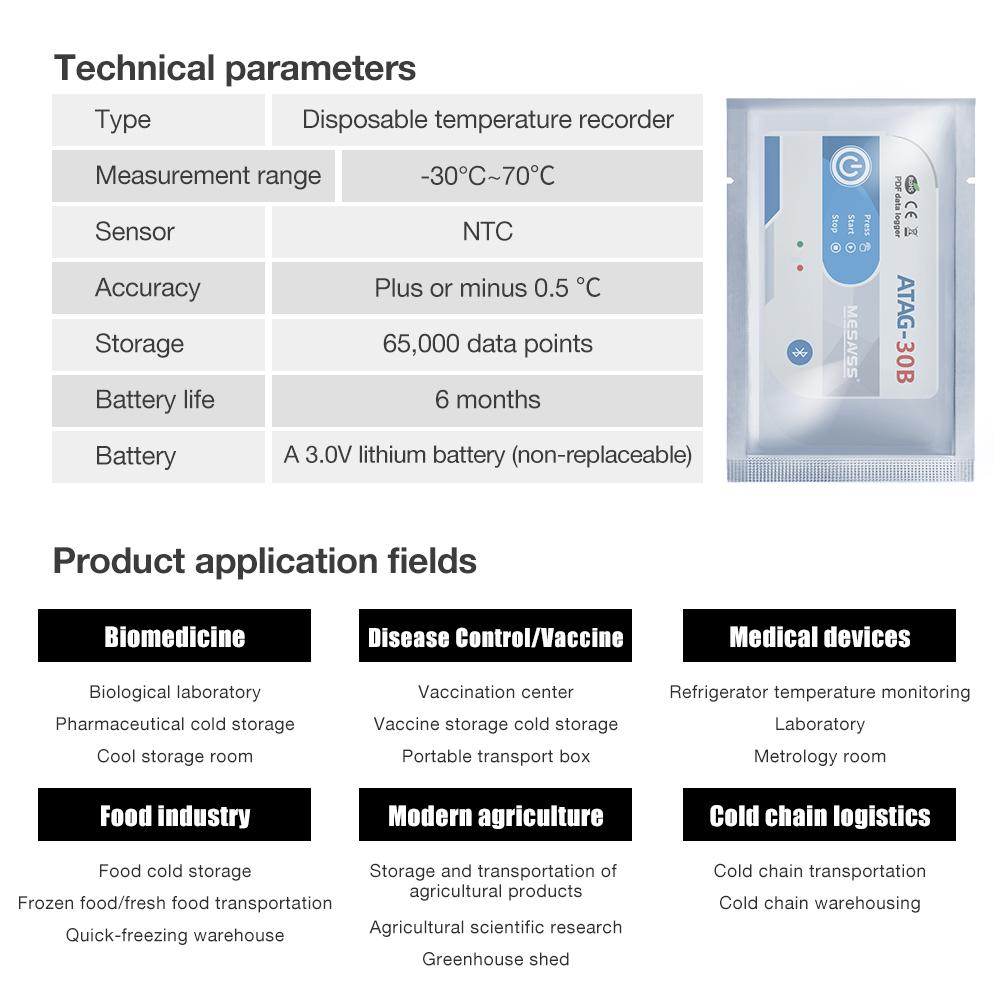 Bluetooth 180 Days Temperature Data Logger 65000 Point Capacity Temperature Sensor High Precision PDF Report Recorder Atag-30B