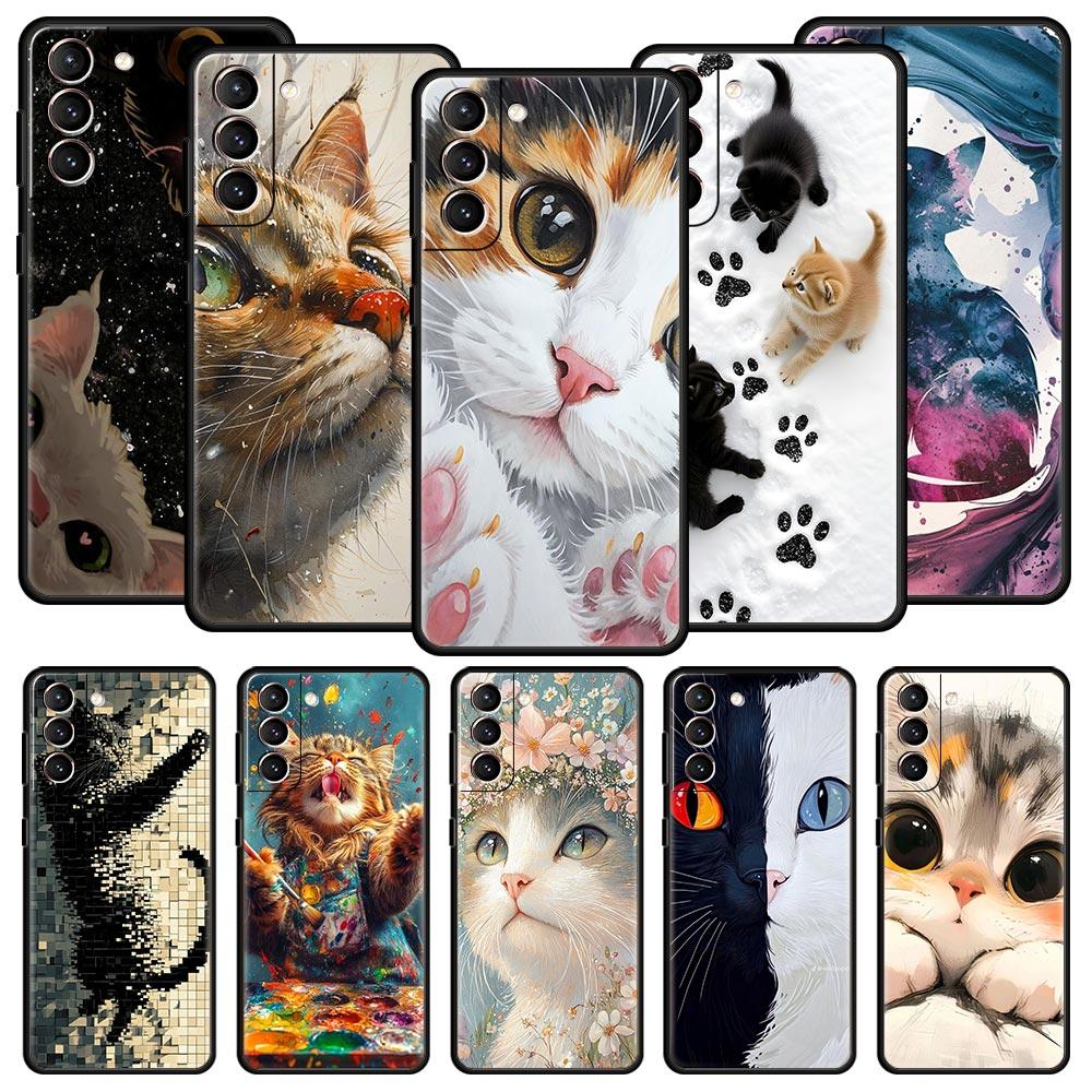 Cute Cat Phone Case Cover for Samsung Galaxy S26 S25 S24 S23 S22 S20 S21 FE Ultra S25 Edge Plus 5G Soft TPU Shell Fundas Capas