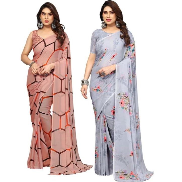 

Women s Printed Georgette Saree with Unstitched Blouse Piece Combo Pack of 2