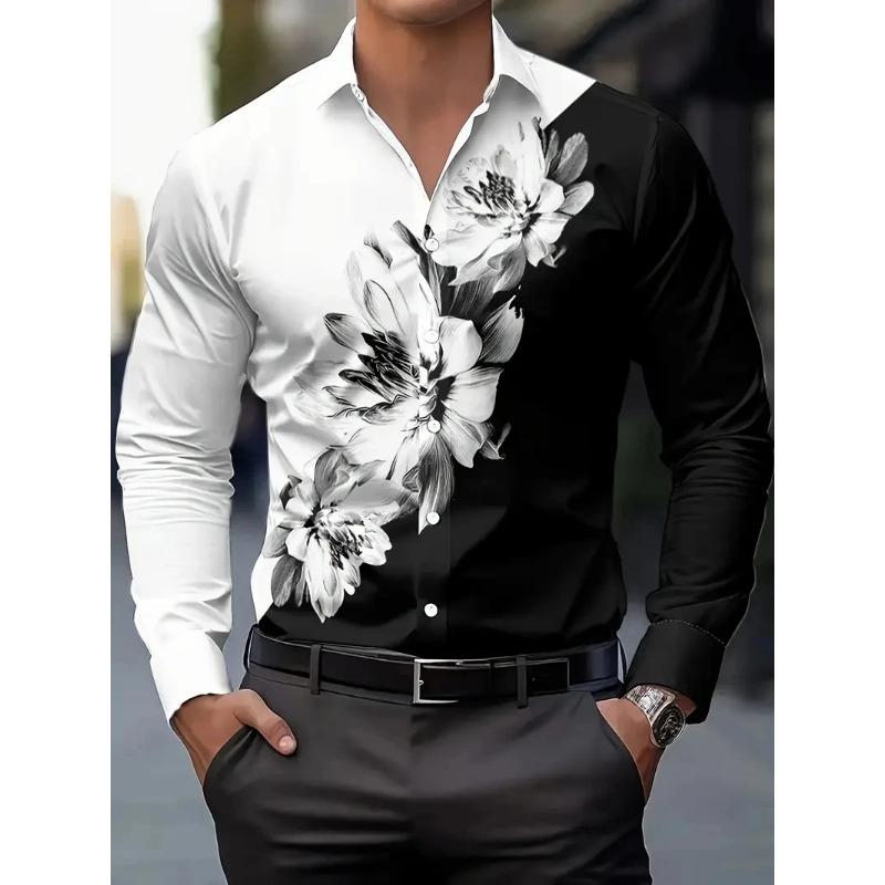 

Мужская рубашка на пуговицах с цветочным принтом 2025 года, осенняя, приталенного кроя, с длинным рукавом, с воротником, больших размеров, мужская блузка с лацканами, одежда 3XL