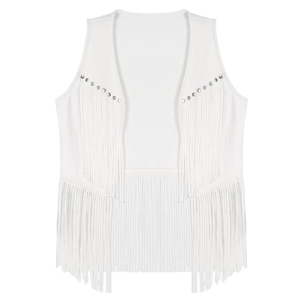 Womens Faux Suede Tassel Vest Fashion Rivets Fringe Waistcoat Open Front Sleeveless Jacket Boho Style