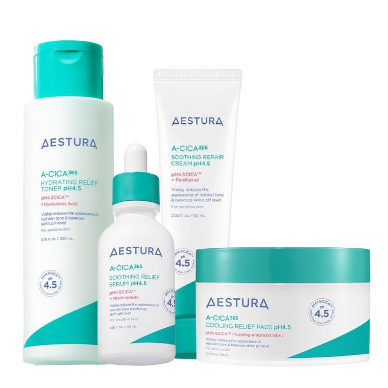 AESTURA A-Cica 365 Calming Skincare Set (Toner Pad 60 Pads + Toner 200ml + Serum 40ml + Cream 60ml)