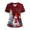 Women's Short Sleeved Christmas Printed V-neck Buttonable Side Slit Top T-shirt