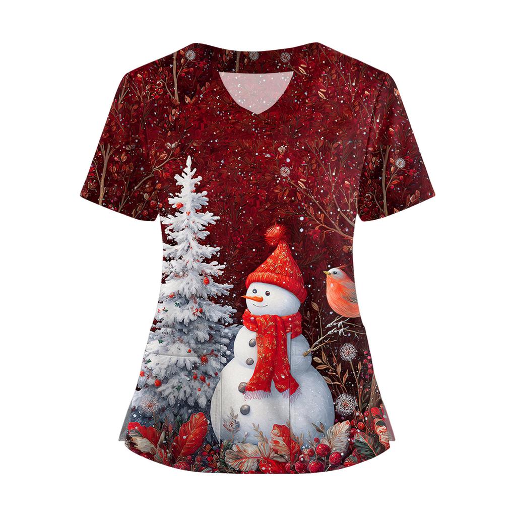 Women's Short Sleeved Christmas Printed V-neck Buttonable Side Slit Top T-shirt