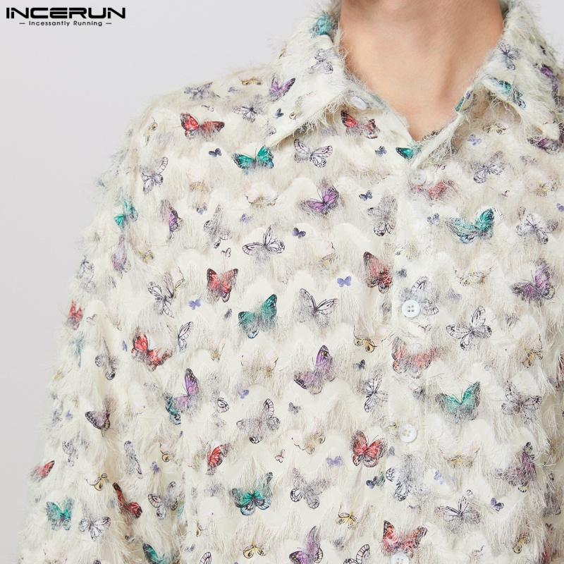INCERUN Men Long Sleeve Print Patchwork Tassel Casual See Through Shirts