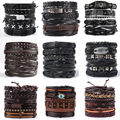 Vintage Men's Leather Bracelet Fashion Handwoven Multi-layer String Black Punk Rock Jewelry Accessory Set