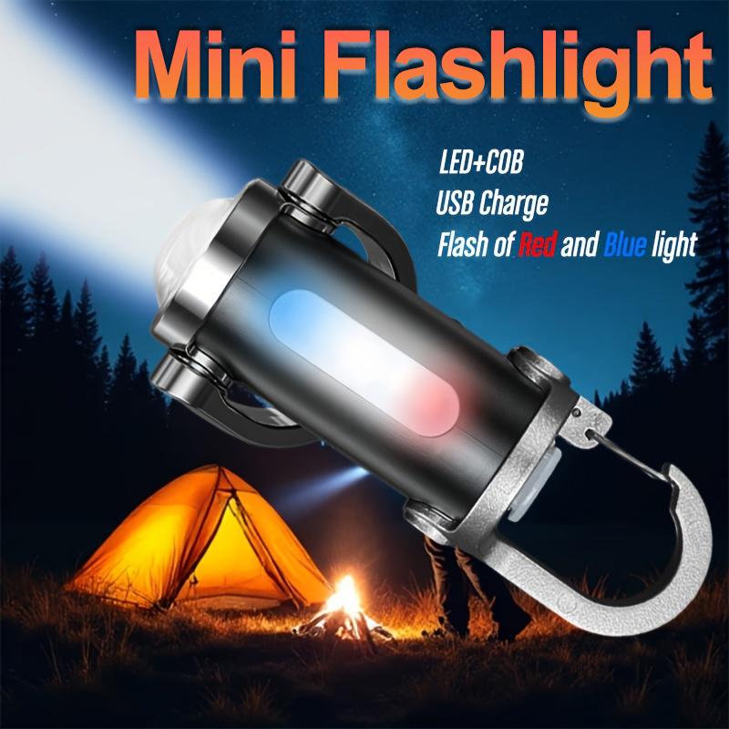 Rechargeable Keychain Flashlight,Multi Modes COB LED,Portable Hook,Type-C,Emergency Light,Red Blue Warning,Camping Outdoor Gear