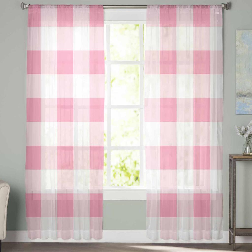 Růžový kostkovaný vzor Jarní ložnicové závěsy Tyl Průsvitný závěs Obývací pokoj Domácí dekorace Voálové závěsy