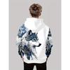 Boy's Wolf Totem 3D Printed White Hoodie, Blue and White Ink Style Fashionable Boy's Hoodie